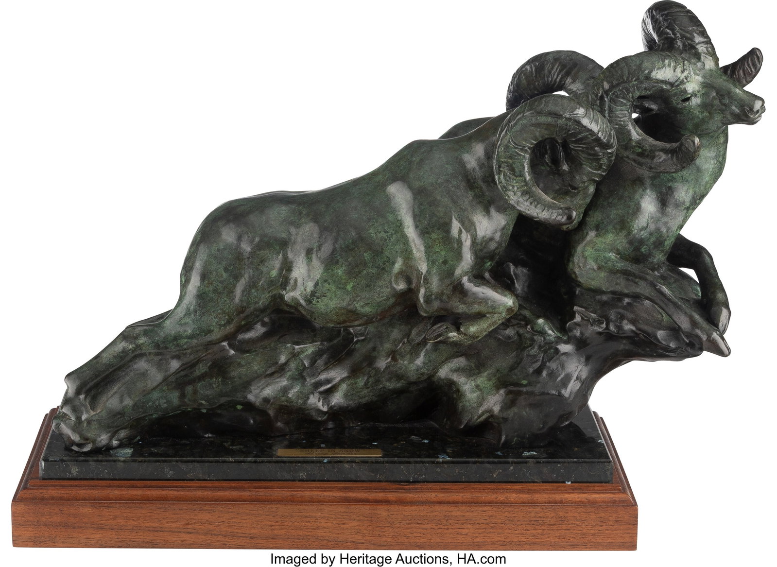 Sherry Sander (American, b. 1941) Sheep In Snow,: Sherry Sander (American, b. 1941) Sheep In Snow, 1984 Bronze with green patina 12 inches (30.5 cm) high on a 2-3/8 inch (6.0 cm) high