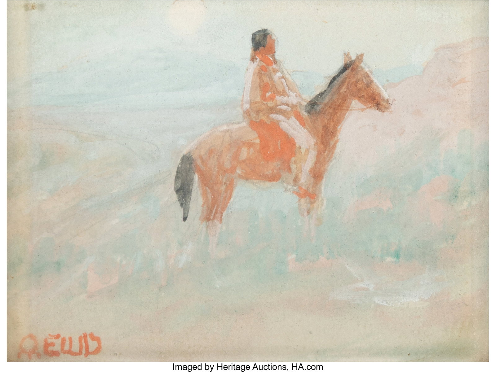 Edwin Willard Deming (American, 1860-1942) Dawn : Edwin Willard Deming (American, 1860-1942) Dawn Ride Watercolor on board 2-3/4 x 3-1/2 inches (7.0 x 8.9 cm) (sight) Initialed with artist's c