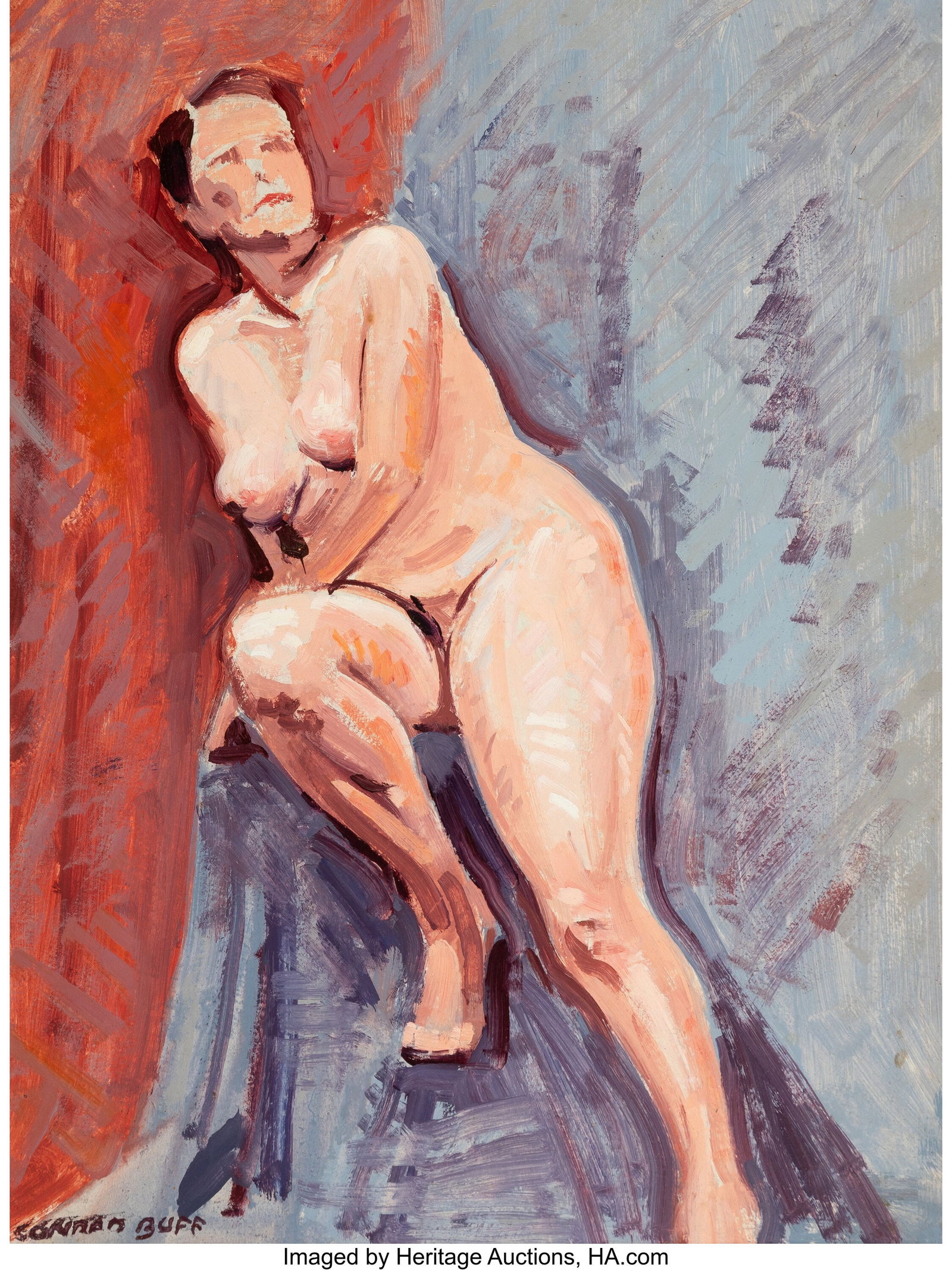 Conrad Buff (American, 1886-1975) Nude Oil on bo: Conrad Buff (American, 1886-1975) Nude Oil on board laid on panel 16 x 12 inches (40.6 x 30.5 cm) Bears artist's stamp lower left Bears estate stamp on the reve