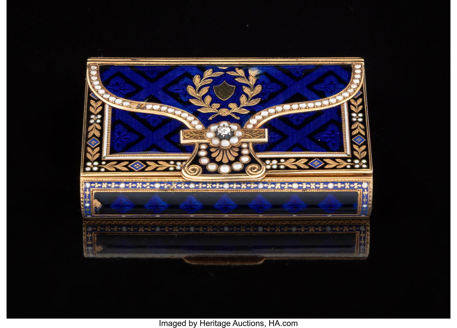 A Fine Jean-George Remond 18K Gold, Guilloché E: A Fine Jean-George Remond 18K Gold, Guilloché Enamel, Pearl and Diamond-Set Musical Snuff Box with Movement by Isaac Daniel Piguet & Henry Capt, Geneva, Switzerland&