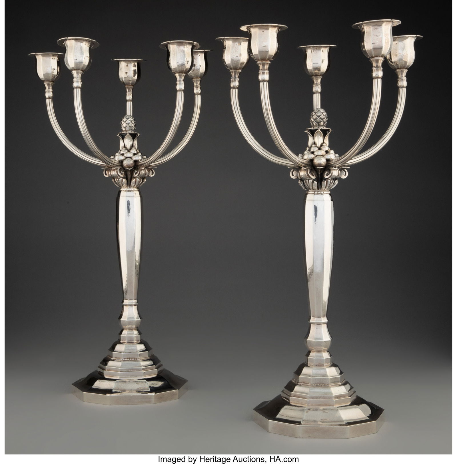 A Pair of Georg Jensen & Wendel AS No. 474 Silve: A Pair of Georg Jensen & Wendel AS No. 474 Silver Candelabra, Copenhagen, 1945-1951 Designed by Johan Rohde Marks: GEORG JENSEN& WENDEL AS, (dotted-JR), 925S., STERLING, 474, DENMARK 17-1/4 x 9-5/8 x