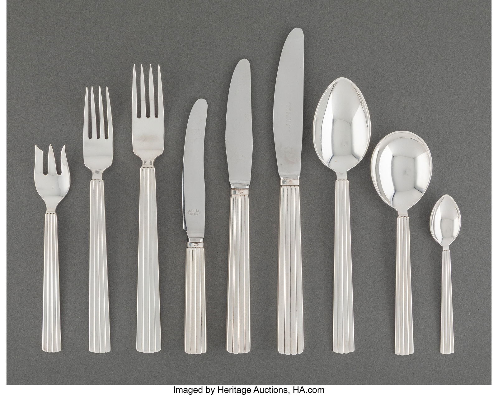 A Seventy Eight-Piece Georg Jensen Bernadotte Pa: A Seventy Eight-Piece Georg Jensen Bernadotte Pattern Silver Flatware Dinner Service for Six, Copenhagen, Denmark, designed 1939 Designed by Sigvard Bernadotte Marks: (dotted oval-GEORG JENSEN), STERL