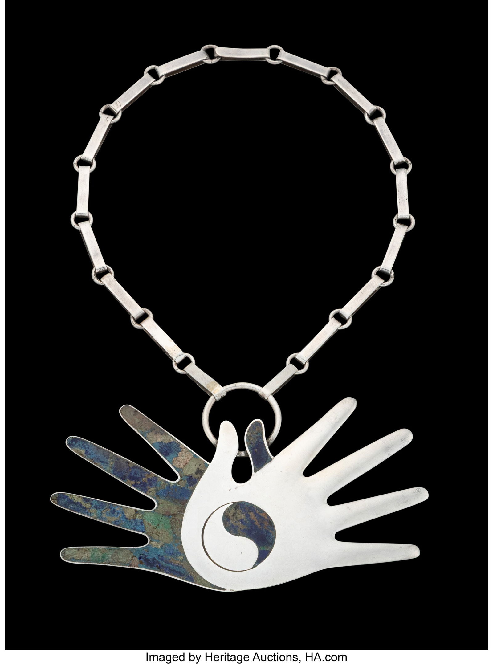 A William Spratling Silver and Malachite Double-: A William Spratling Silver and Malachite Double-Hand Necklace, Taxco, Mexico, mid-20th century Marks: (maker's mark), 925 Length of necklace: 15-3/4 i