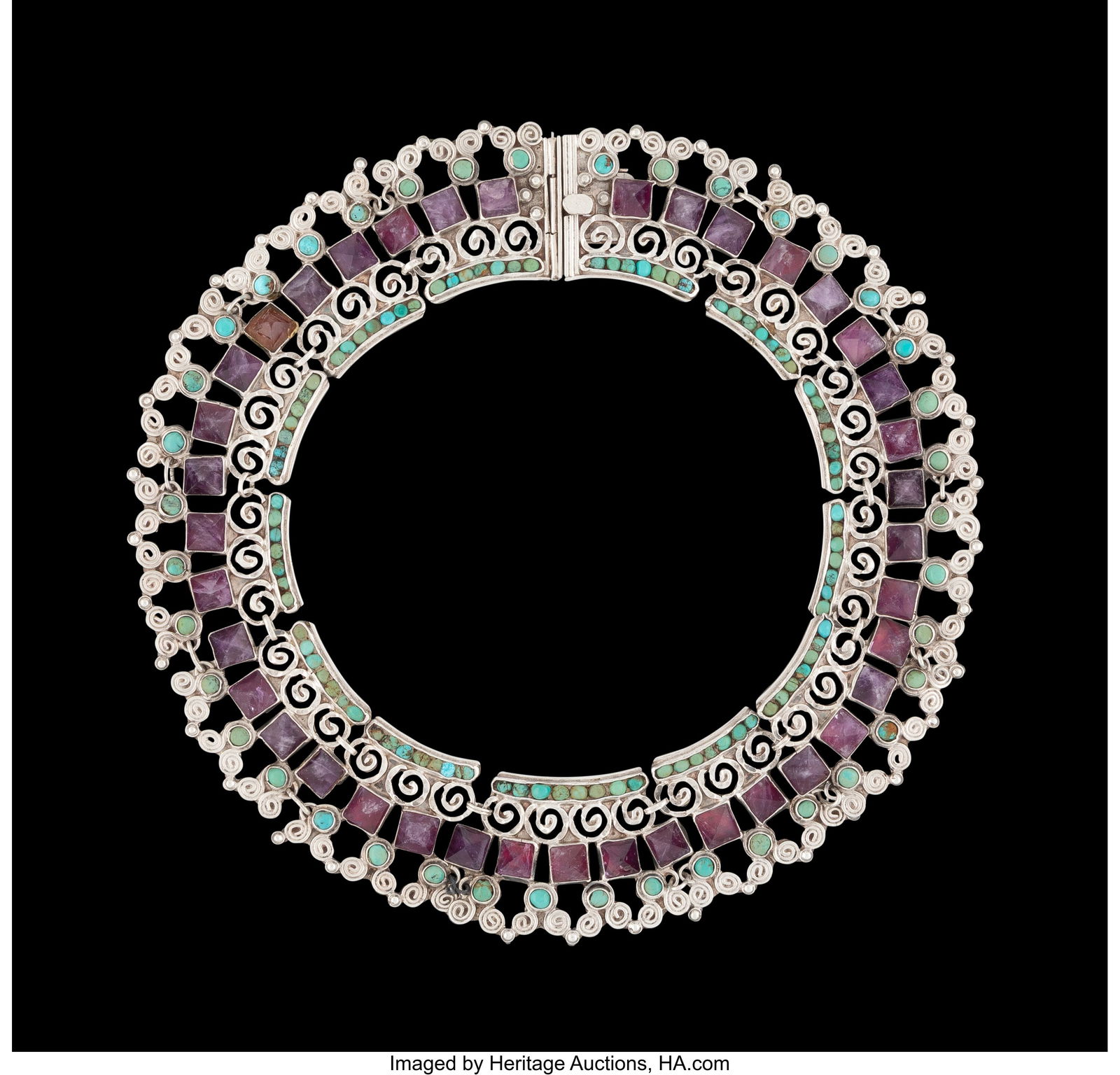 A Matilde Poulat and Ricardo Salas Silver, Ameth: A Matilde Poulat and Ricardo Salas Silver, Amethyst, and Turquoise Necklace, Mexico City, mid-20th century Marks: Matl, Salas, MEXICO 15 inches (38&perio