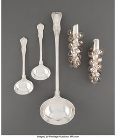74250: A Collection of Three British Silver Flatware Serving Ladles and Two Portuguese Silver-