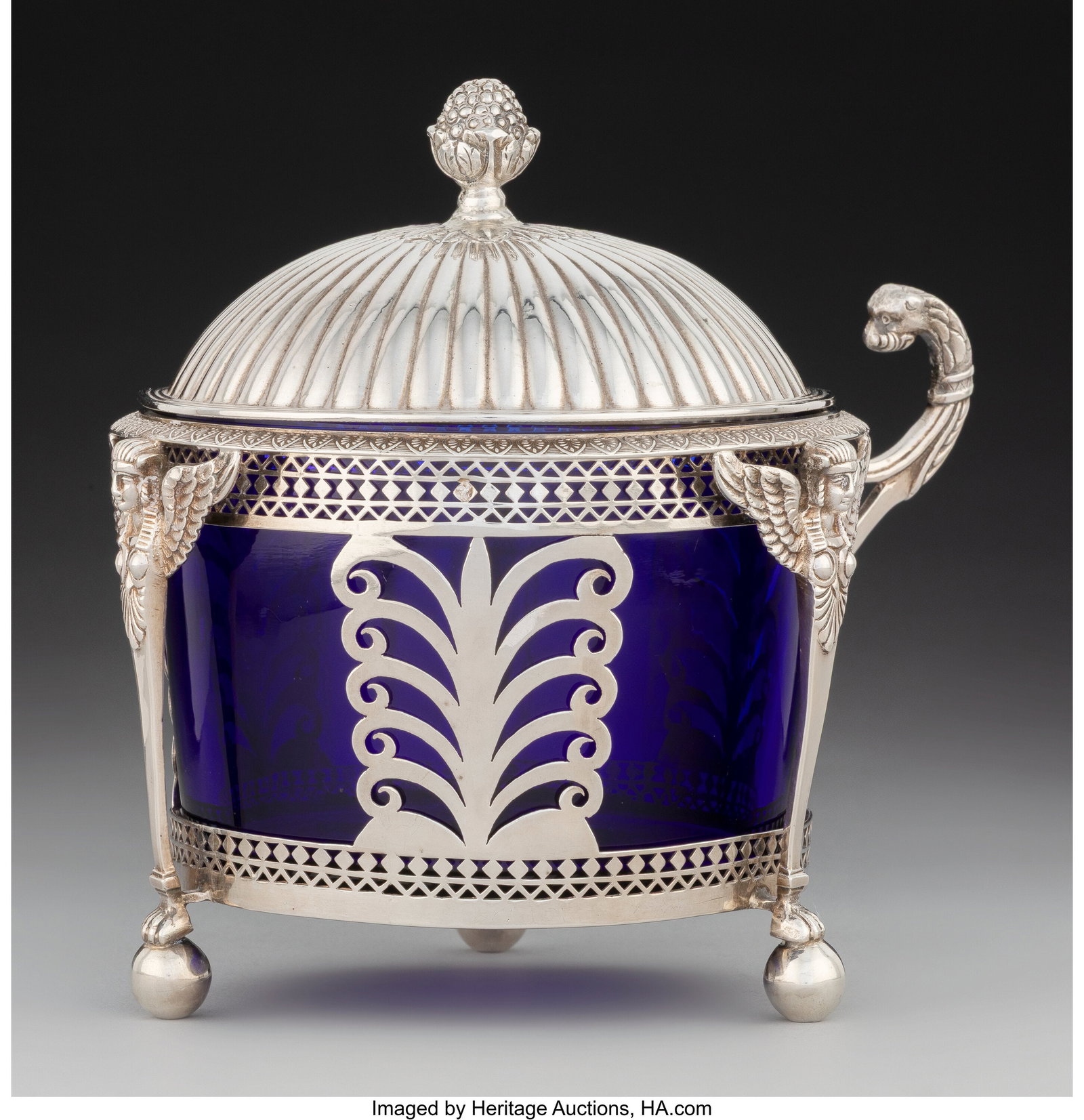 An Ambroise Mignerot Silver and Cobalt Glass Cov: An Ambroise Mignerot Silver and Cobalt Glass Covered Sugar Bowl, Paris, circa 1810 Marks: A.M., (guarantee mark), (ax) 6-1/4 x 6-1&s