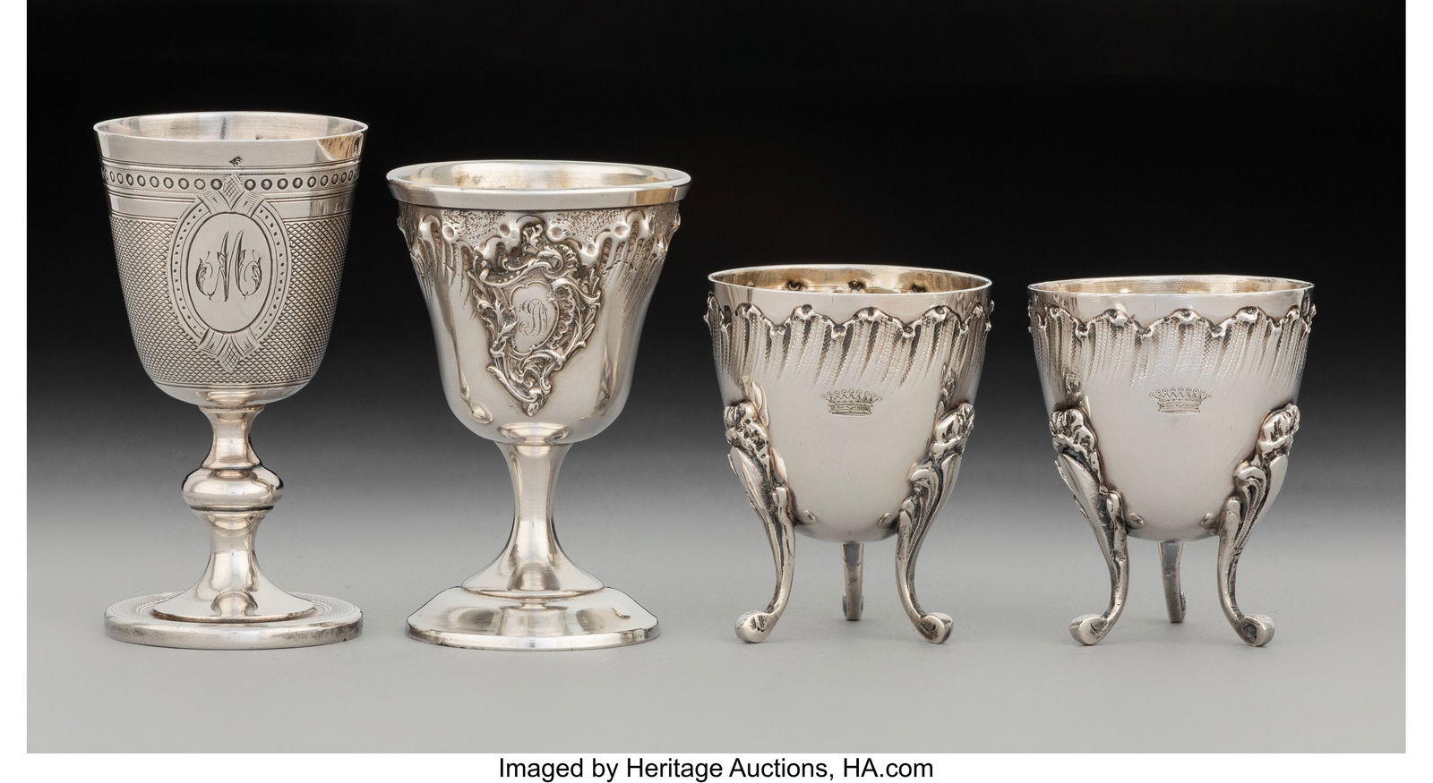 A Collection of Four French Silver Egg Cups, mid: A Collection of Four French Silver Egg Cups, mid-19th century Marks: (Minerva) 3 x 1-5/8 inches (7.6 x 4.1 cm) (diam., tallest)