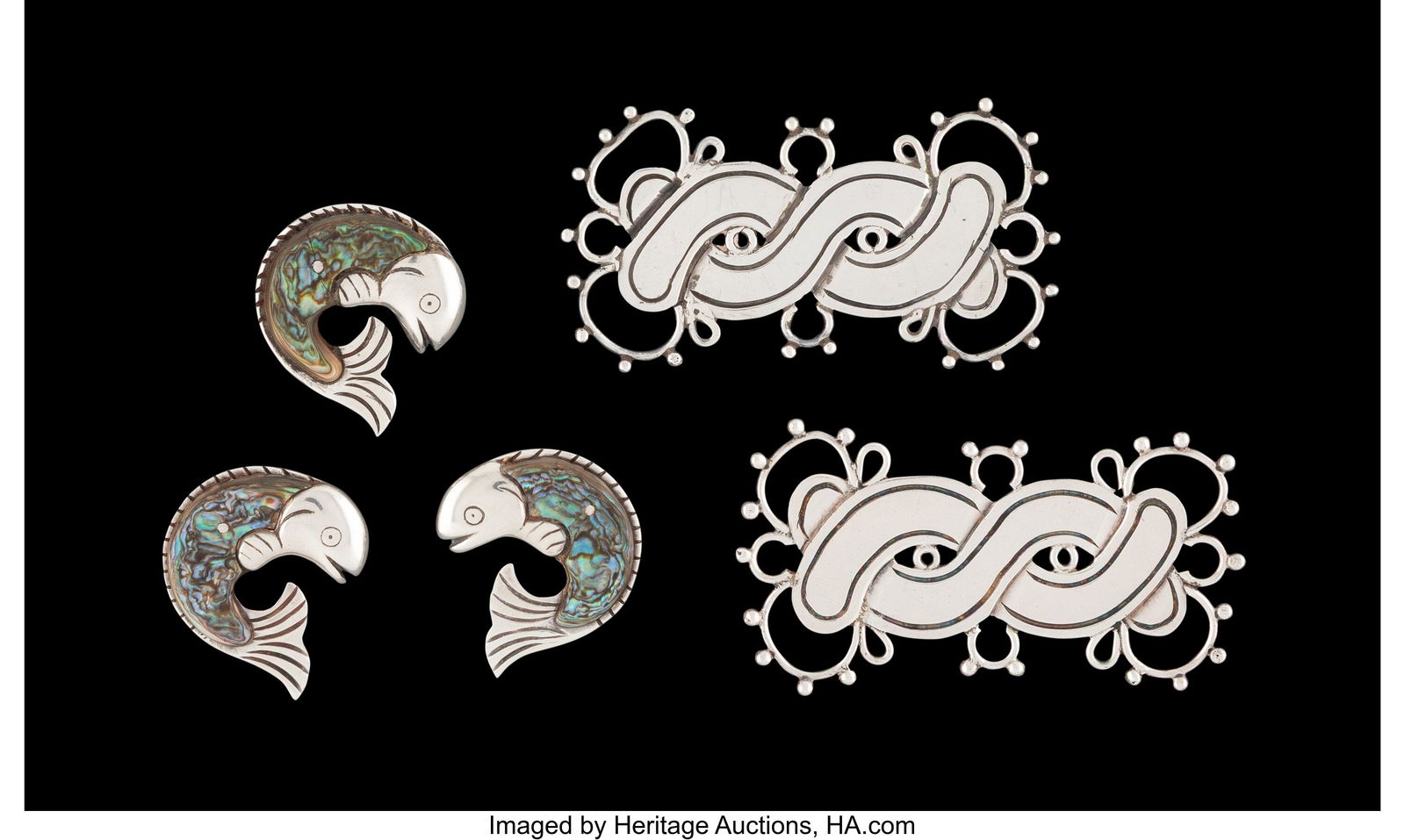 A Collection of Five William Spratling Silver &: A Collection of Five William Spratling Silver & Abalone Shell Brooches, Taxco, Mexico, mid-20th century Marks to largest: WS, SPRATLING MADE IN MEXICO, SPRATLIN