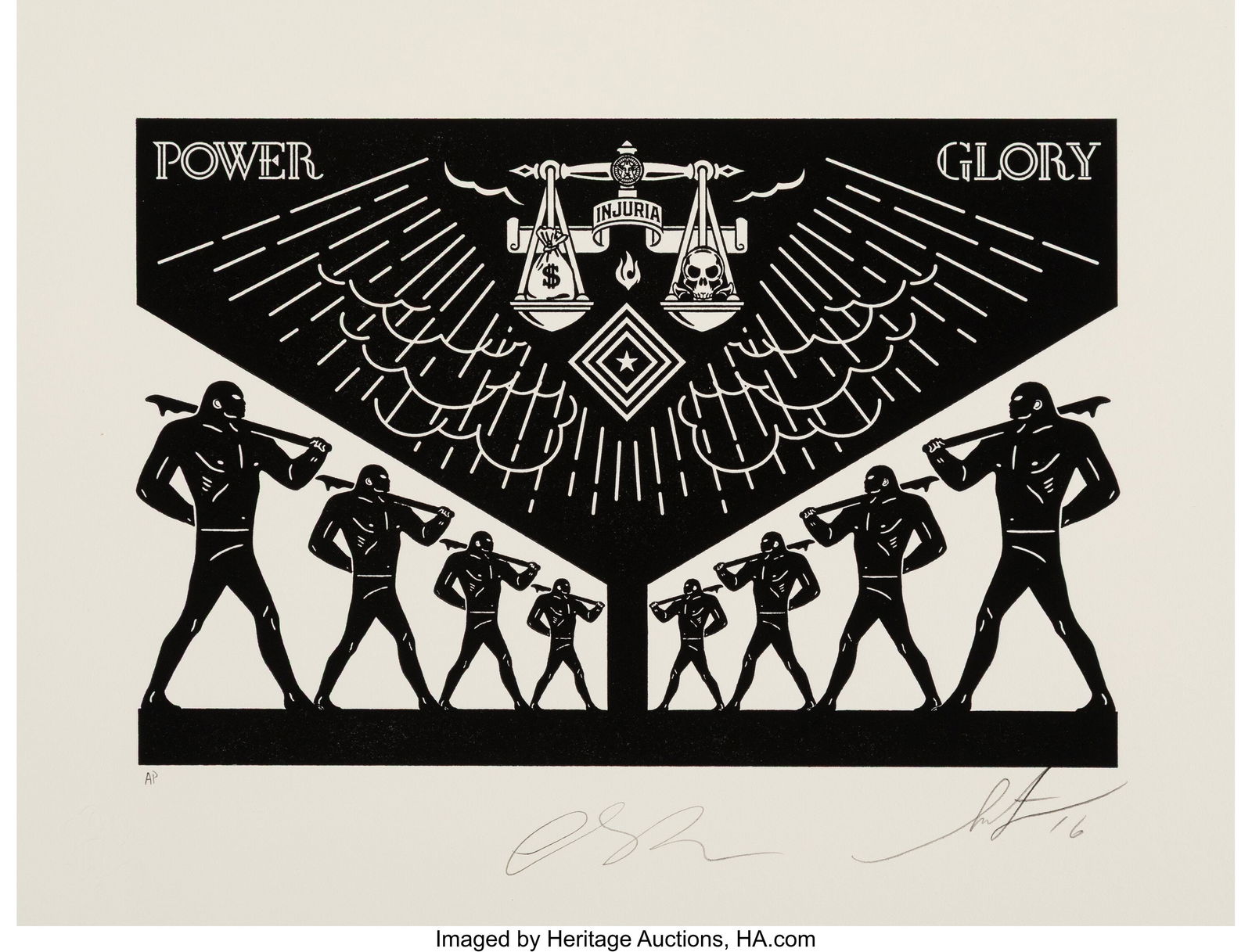 Shepard Fairey X Cleon Peterson Scales of Injust: Shepard Fairey X Cleon Peterson Scales of Injustice, 2016 Letterpress on wove paper 10 x 13-1/4 inches (25.4 x 33.7 cm) (sheet) A.P. Signed by