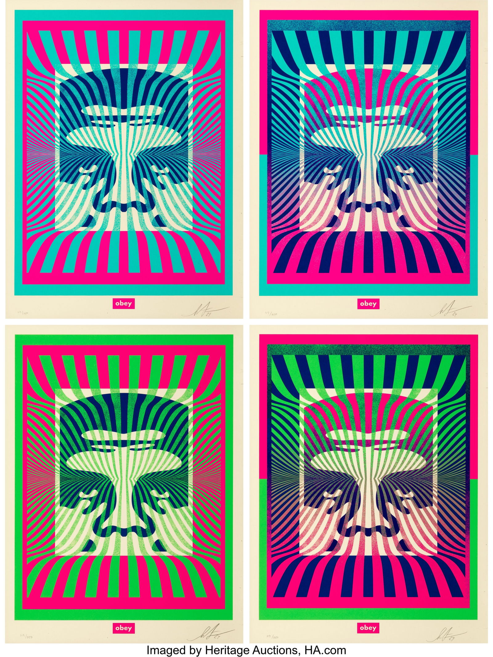 Shepard Fairey (b. 1970) Op-Art Icon (four works: Shepard Fairey (b. 1970) Op-Art Icon (four works), 2024 Screenprints in colors on Cream Speckletone paper 24 x 18 inches (61.0 x 45.7 cm) &lpar