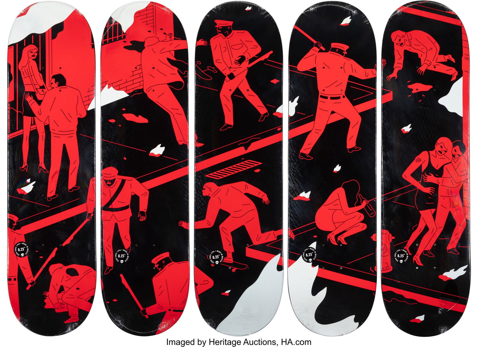 Cleon Peterson (b. 1973) Rule of Law (five works: Cleon Peterson (b. 1973) Rule of Law (five works), 2022 Archival pigment prints in colors on skate decks 32 x 8-1/4 inches (81.3 x 21.0 cm)