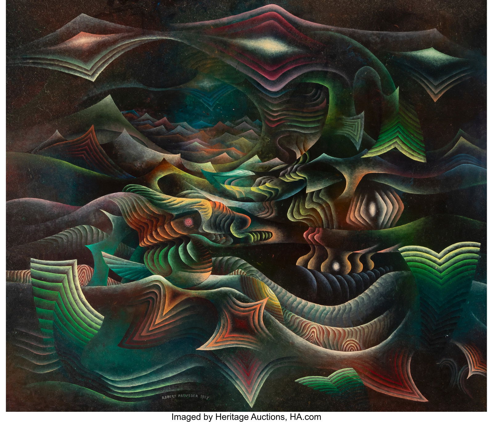 Robert Preusser (American, 1919-1992) Radiation,: Robert Preusser (American, 1919-1992) Radiation, 1953 Oil on Masonite 28 x 34 inches (71.1 x 86.4 cm) Signed and dated lower left: Robert Preusser &