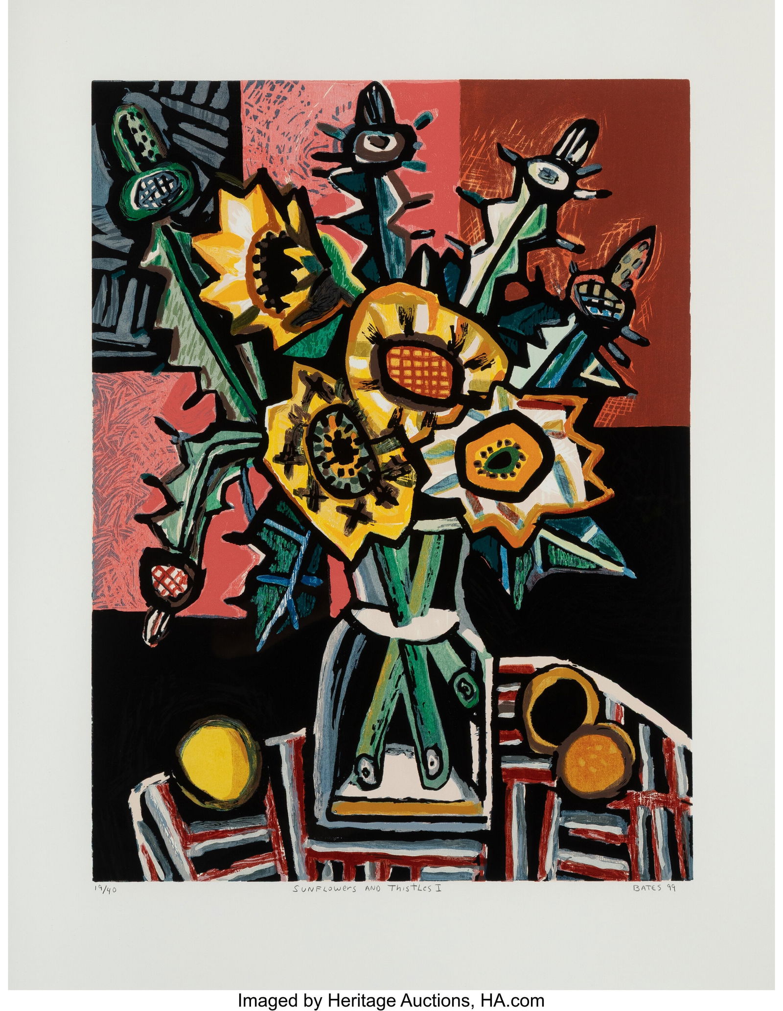 David Bates (American, b. 1952) Sunflowers and T: David Bates (American, b. 1952) Sunflowers and Thistles I, 1999 Woodcut in colors on paper 32 x 23-7/8 inches (81.3 x 60.6 cm) (image&rpar