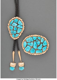 70010: A Zuni Gold Bolo Tie and Belt Buckle  Alice Quam