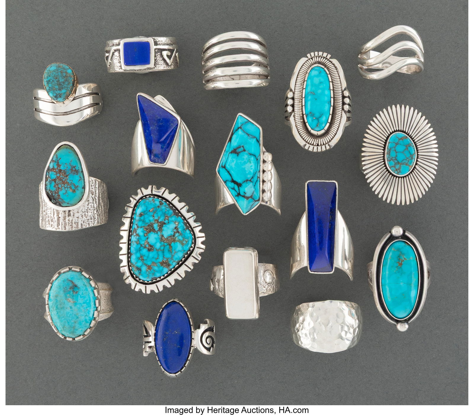 Sixteen Navajo and Navajo-Style Rings  c. 1980 - (1 of 2)