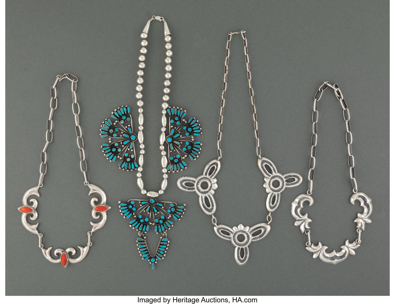 Four Southwest Necklaces c. 1990 - 2010 silver: Four Southwest Necklaces c. 1990 - 2010 silver, turquoise, coral Lengths: ranging from 8 to 10 inches HID03101062020 © 2025 Heritage Auctions | All Rights Reserved w