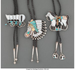 70052: Three Zuni Bolo Ties  c. 2000  silver, turquoise