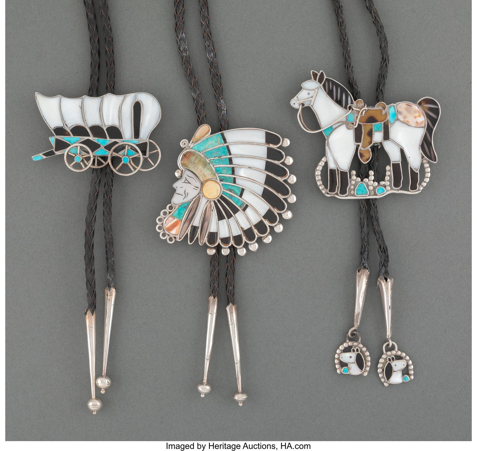 Three Zuni Bolo Ties  c. 2000  silver, turquoise (1 of 2)