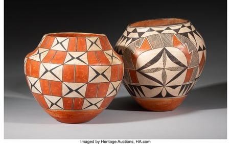 70084: Two Acoma Polychrome Jars  c. 1950  clay, paint