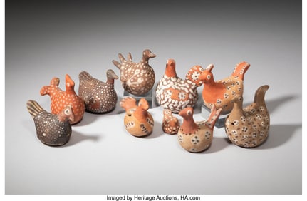 70090: Ten Isleta Polychrome Bird Figurines  c. 1920  t