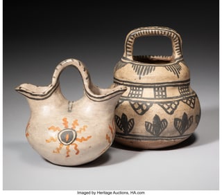 70092: Two Tesuque Polychrome Vessels  c. 1890 and 1910