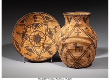 70121: Two Apache Pictorial Coiled Basketry Items  c. 1