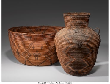 70129: Two Apache Coiled Baskets  c. 1910  including a