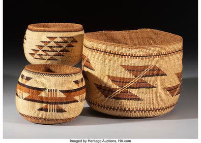 70141: Three Hupa Polychrome Twined Bowls  c. 1920  bea