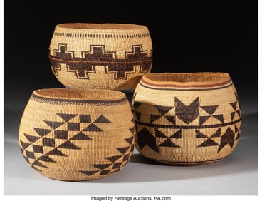 70143: Three Hupa Polychrome Twined Bowls  c. 1920  bea