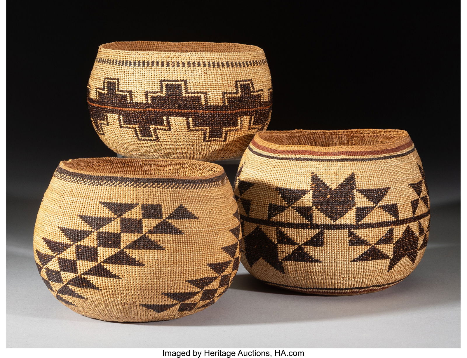 Three Hupa Polychrome Twined Bowls  c. 1920  bea (1 of 2)