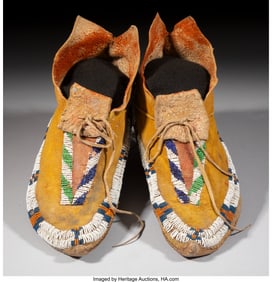 70156: A Pair of Apache Beaded Hide Moccasins  c. 1885