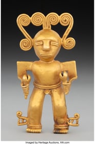 70263: A Gold Pendant of a Shaman with Rattles  Interna