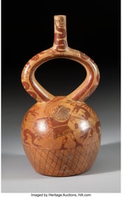 70275: A Moche Fine-Line Stirrup-Spout Vessel with a Hu