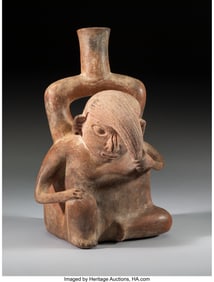 70279: A Vicus Stirrup-Spout Effigy Bottle  North Coast