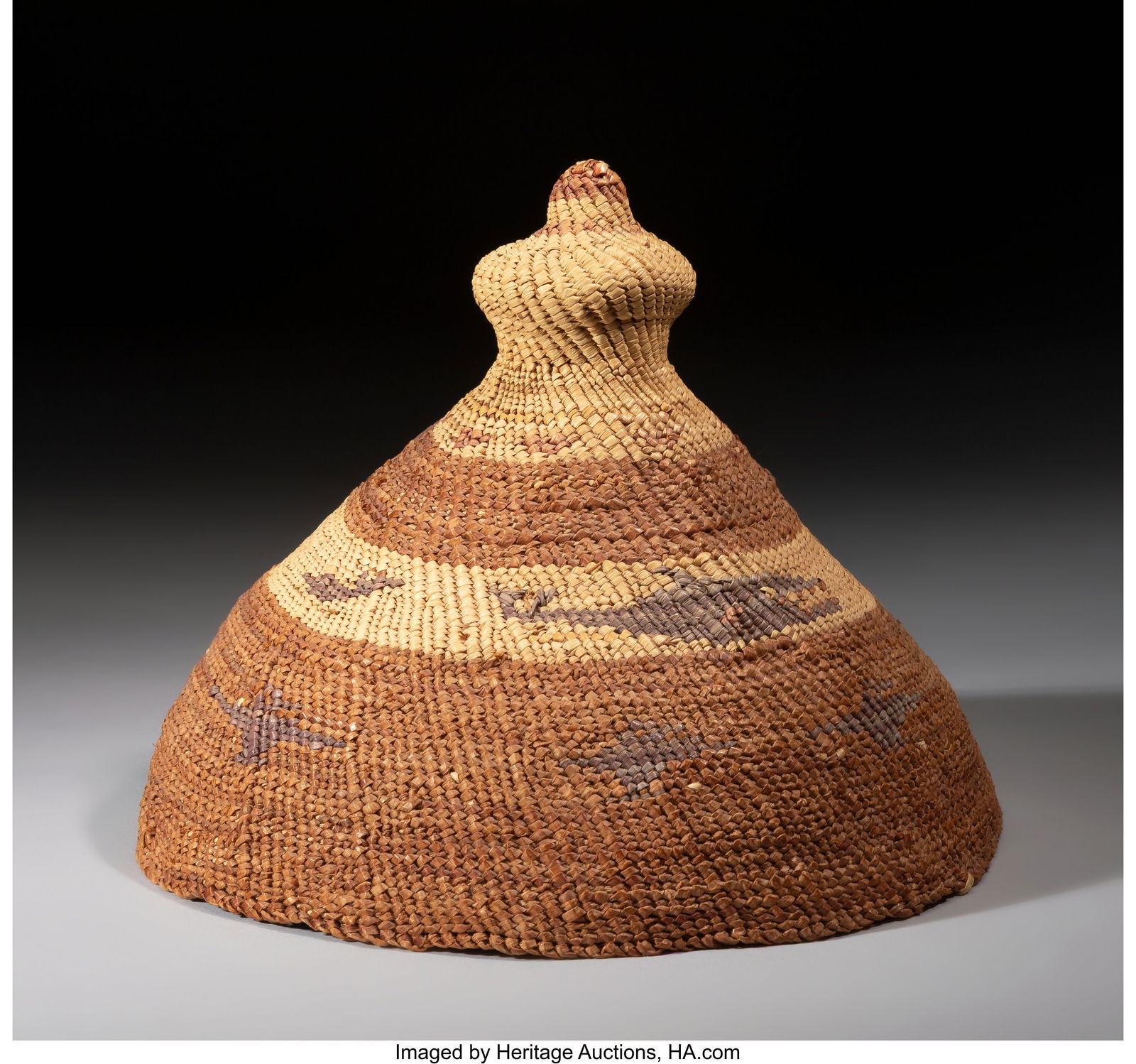 A Nootka / Makah Twined Whaler's Hat c. 1920: A Nootka / Makah Twined Whaler's Hat c. 1920 Diameter: 10 &frac12; inches HID03101062020 © 2025 Heritage Auctions | All Rights Reserved www.HA.com&sol