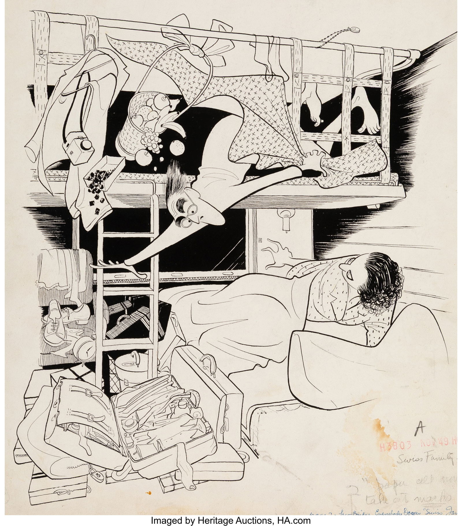 Al Hirschfeld (American, 1903-2003) Swiss Family: Al Hirschfeld (American, 1903-2003) Swiss Family Perelman original book interior, November 1, 1949 Ink on board 16-3/8 x 14-5/8 inches (41.5 x 37&period