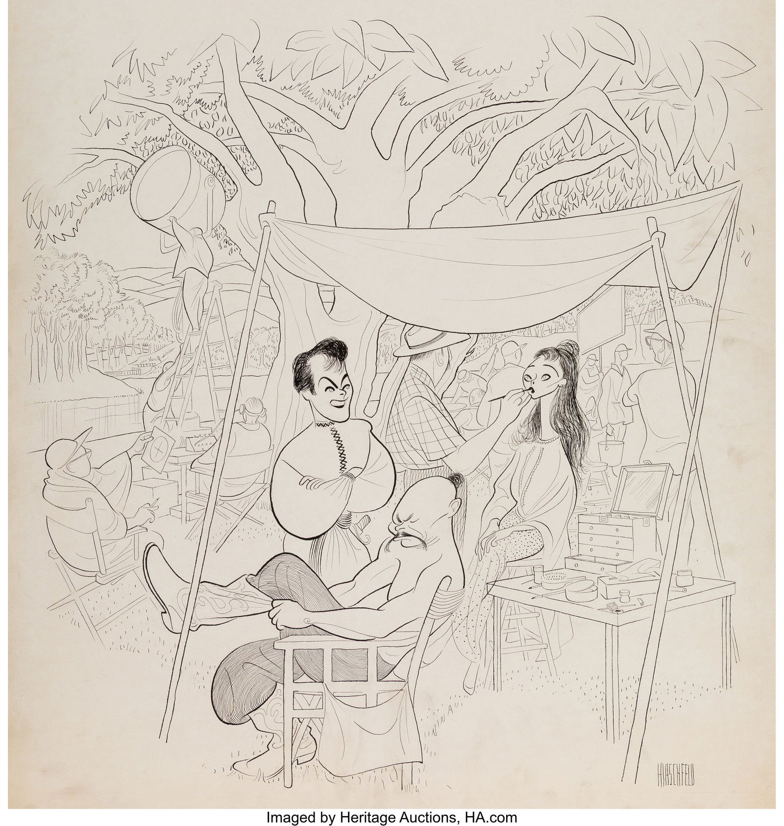 Al Hirschfeld (American, 1903-2003) Taras Bulba,: Al Hirschfeld (American, 1903-2003) Taras Bulba, Tony Curtis, Yul Brynner, and Christine Kaufman, original cartoon, 1962 Ink on board 30 x 21-7/8 inch