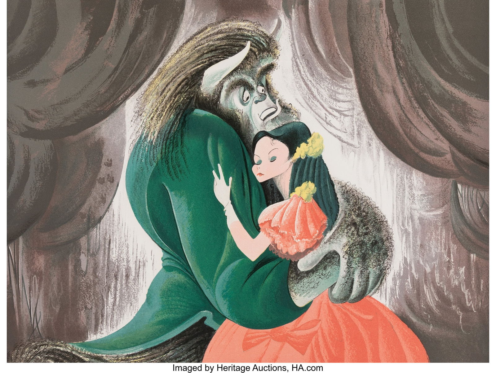 Al Hirschfeld (American, 1903-2003) Beauty and T: Al Hirschfeld (American, 1903-2003) Beauty and The Beast, Terrance Mann and Susan Egan Lithograph in colors on Arches paper 21-1/4 x 25-1/2 inches (54.0 x 64&