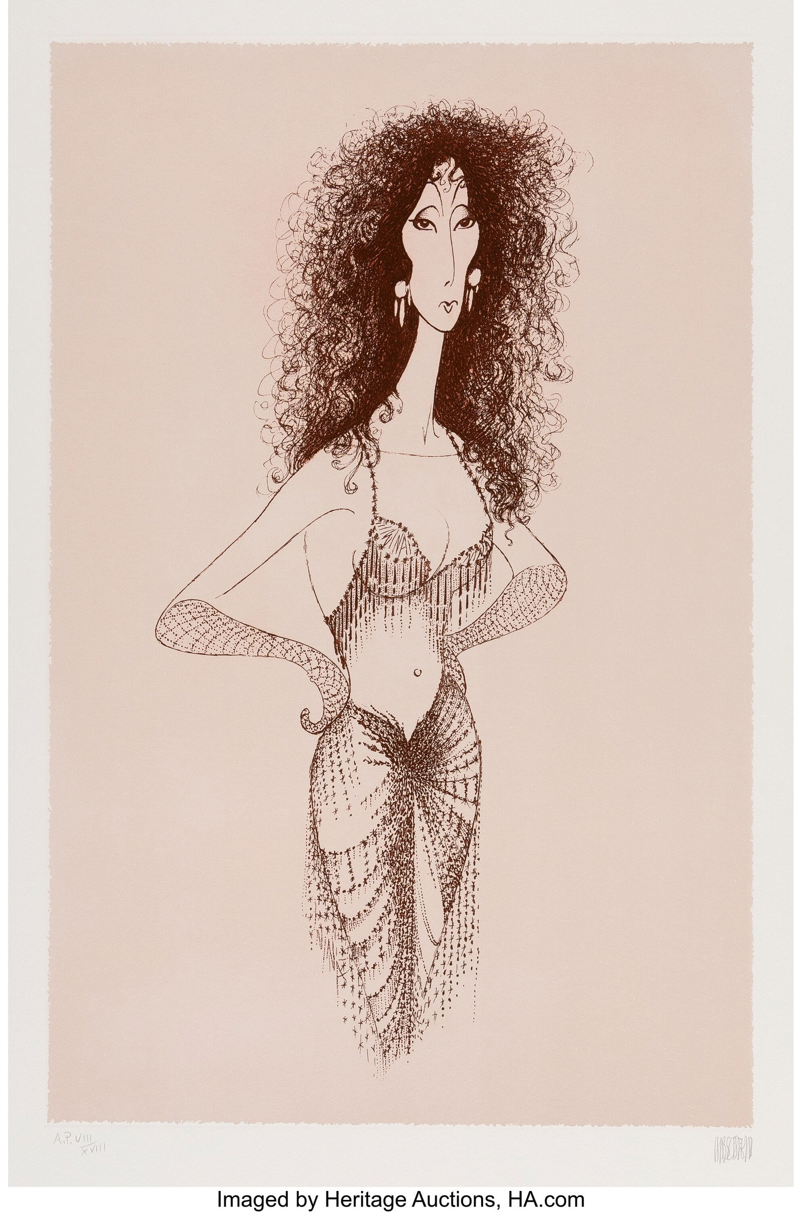 Al Hirschfeld (American, 1903-2003) Cher Etching: Al Hirschfeld (American, 1903-2003) Cher Etching in colors on wove paper 27 x 19-1/2 inches (68.6 x 49.5 cm) (sheet) A.P. VII/XV