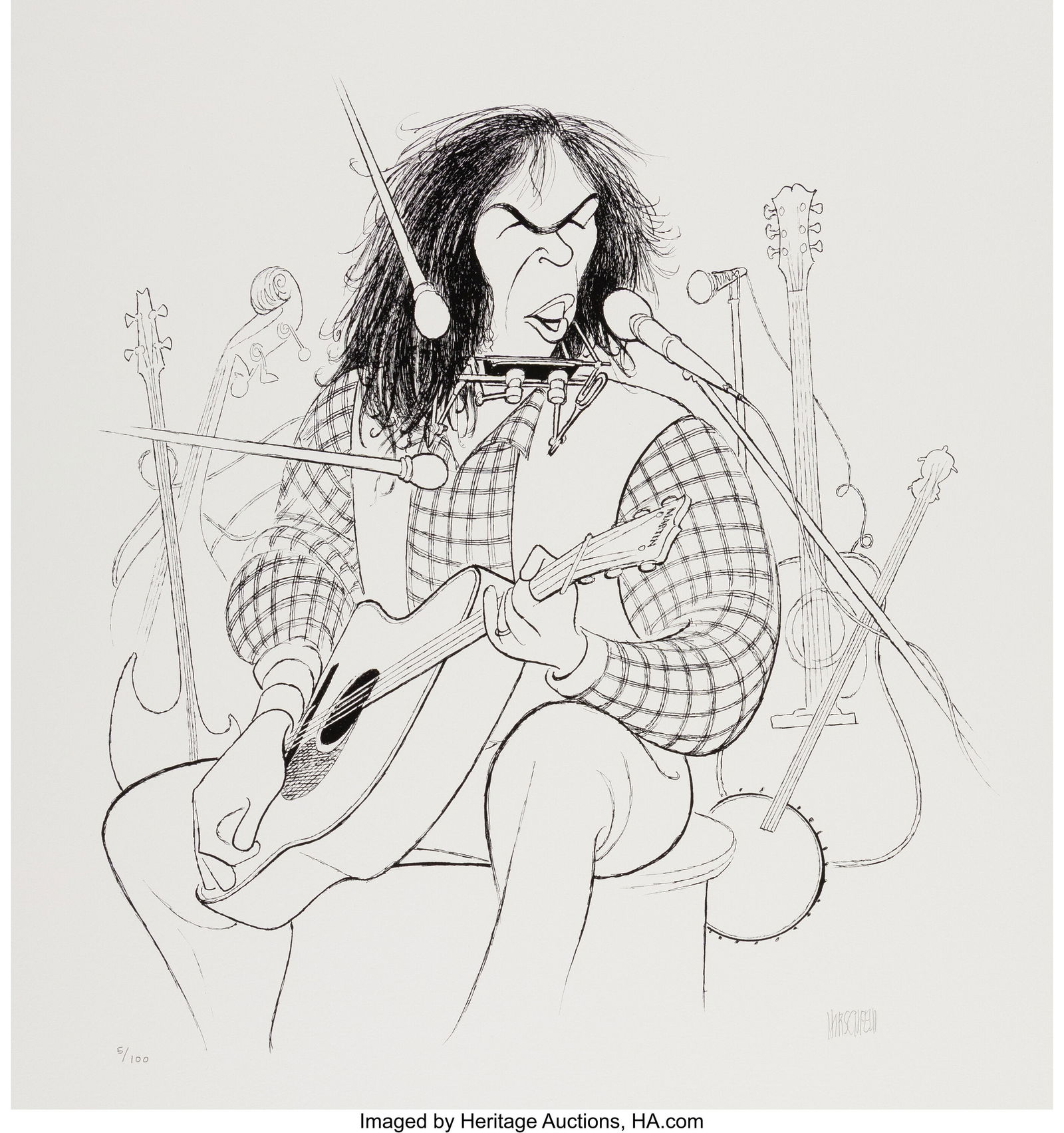 Al Hirschfeld (American, 1903-2003) Neil Young L: Al Hirschfeld (American, 1903-2003) Neil Young Lithograph on wove paper 22 x 19 inches (55.9 x 48.3 cm) (sheet) Ed. 5/100 Signed and editio