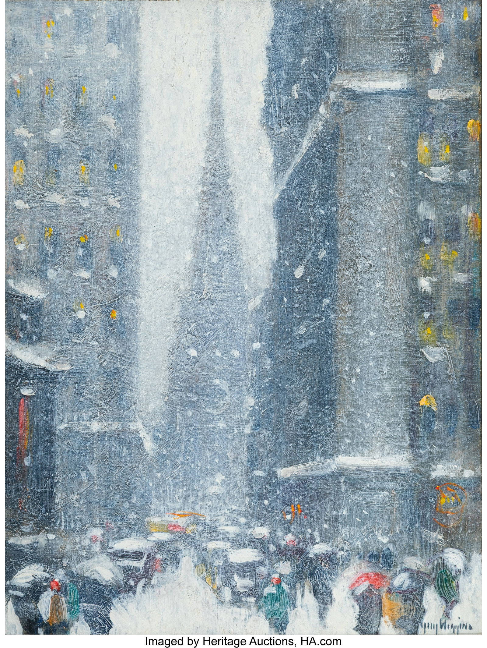 Guy Carleton Wiggins (American, 1883-1962) Winte: Guy Carleton Wiggins (American, 1883-1962) Winter in Wall Street Oil on canvasboard 16 x 12 inches (40.6 x 30.5 cm) Signed lower right: Guy Wiggins Signed