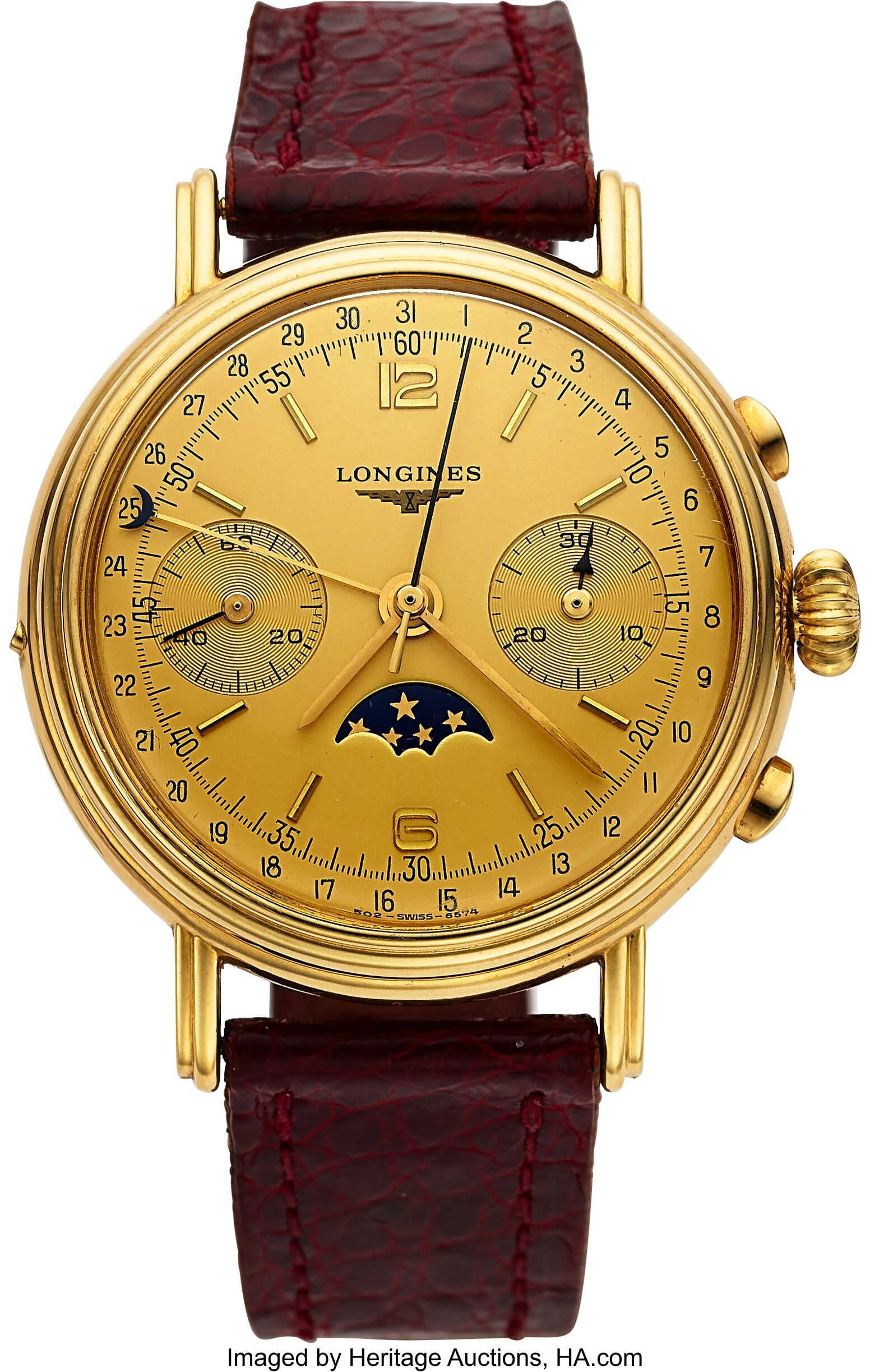 Longines, 18k Yellow Gold Chronograph With Date: Longines, 18k Yellow Gold Chronograph With Date And Moon Phase, circa 1980 Case: 37mm, 18K yellow gold, three body, polished and brushed, snap on case back&co