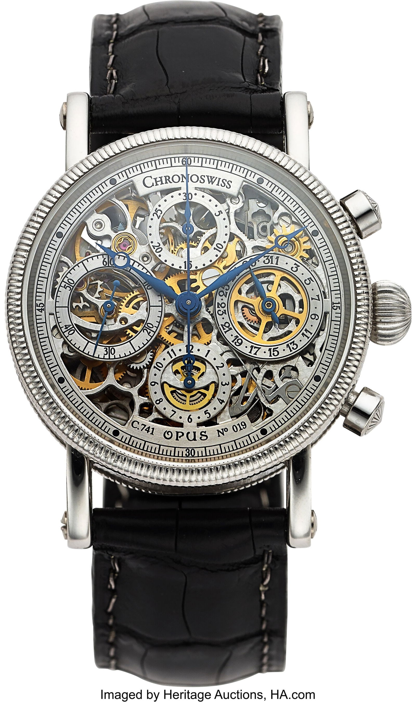 Chronoswiss Opus Platinum Skeleton Chronograph W: Chronoswiss Opus Platinum Skeleton Chronograph Wristwatch Ref: CH75205 Case: 38mm, platinum, three body exhibition screw down case back, No 019 Dial: skeletonized d