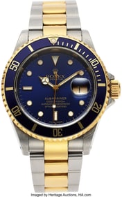 54126: Rolex Submariner Two Tone 18k Yellow Gold And St