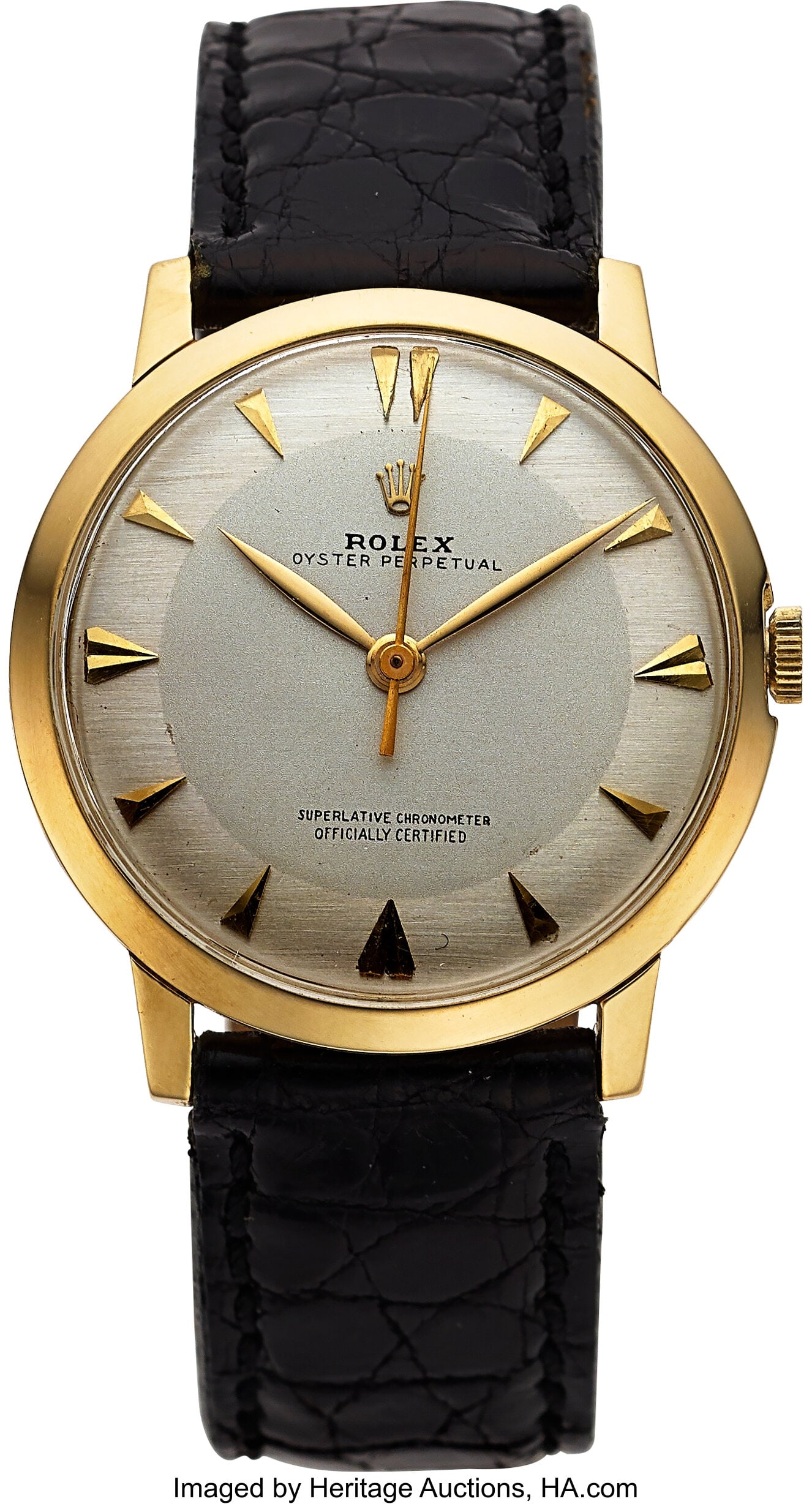 Rolex Dress Watch, 14k Yellow Gold circa 1950's: Rolex Dress Watch, 14k Yellow Gold circa 1950's Case: 33mm, 14K yellow gold, two body case with snap back, 35889 Dial: two tone dial, applied gold indices&com