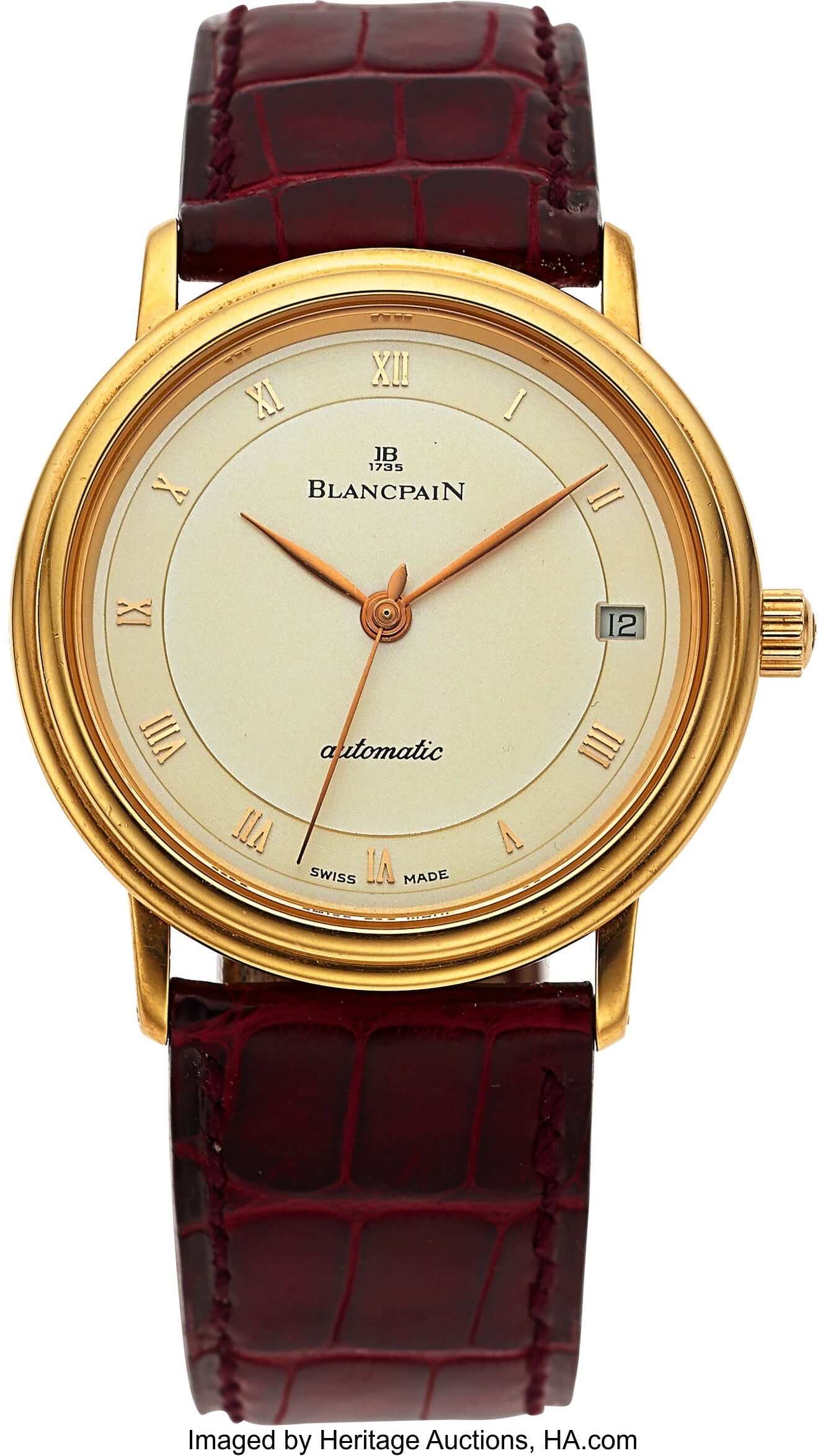 Blancpain 18k Gold Automatic Villeret With Date: Blancpain 18k Gold Automatic Villeret With Date Mid Size Wristwatch Case: 34mm, 18K yellow gold, three body snap back case, No 390 Dial: white, applied gold numeral