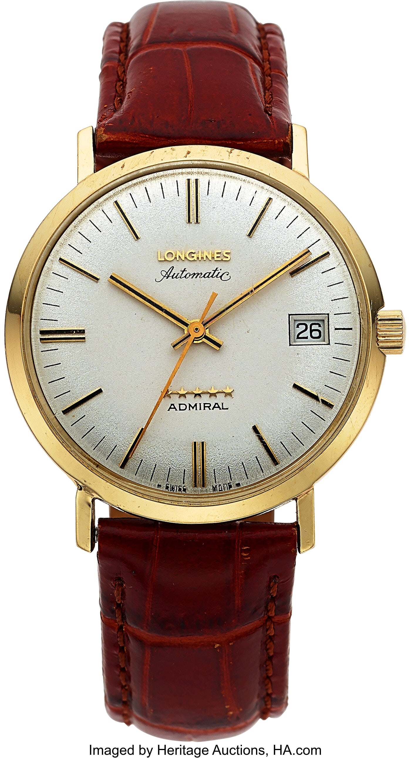 Longines Admiral Five Stars Automatic Gold Fille: Longines Admiral Five Stars Automatic Gold Filled 35mm Wristwatch Case: 35mm, gold filled stainless steel, three body case with snap back, N010096 Dial: silver stick with