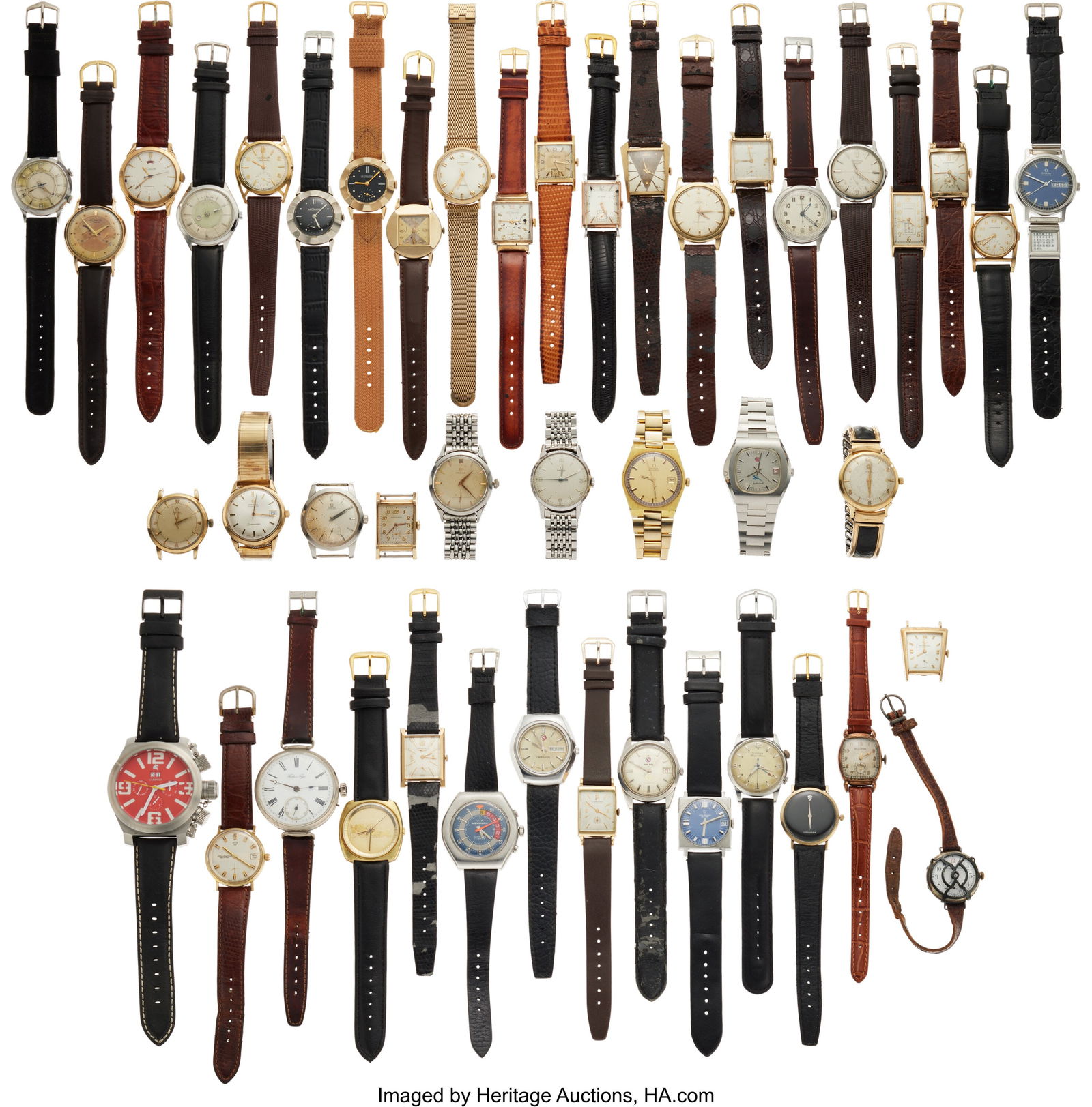 Forty-Five Vintage Wristwatches, Includes Twelve: Forty-Five Vintage Wristwatches, Includes Twelve LeCoultre, Nine Omega, Ten Longines Lot features LeCoultre Futurematic, Mystery watch, Alarm, and Wind Indicator&pe