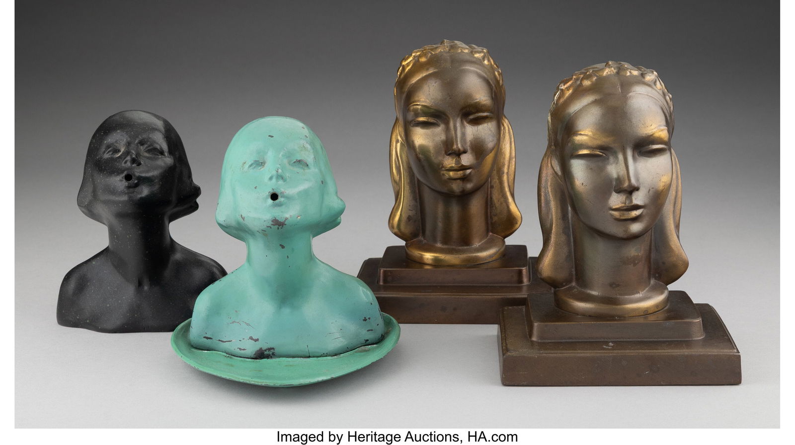 A Group of Four Frankart Articles: Two Bookends: A Group of Four Frankart Articles: Two Bookends and Two Incense Burners, circa 1923 Marks: FRANKART, INC. PAT APPLD FOR. 6-1/2 x 4-3/4 x 3-5/8 inches