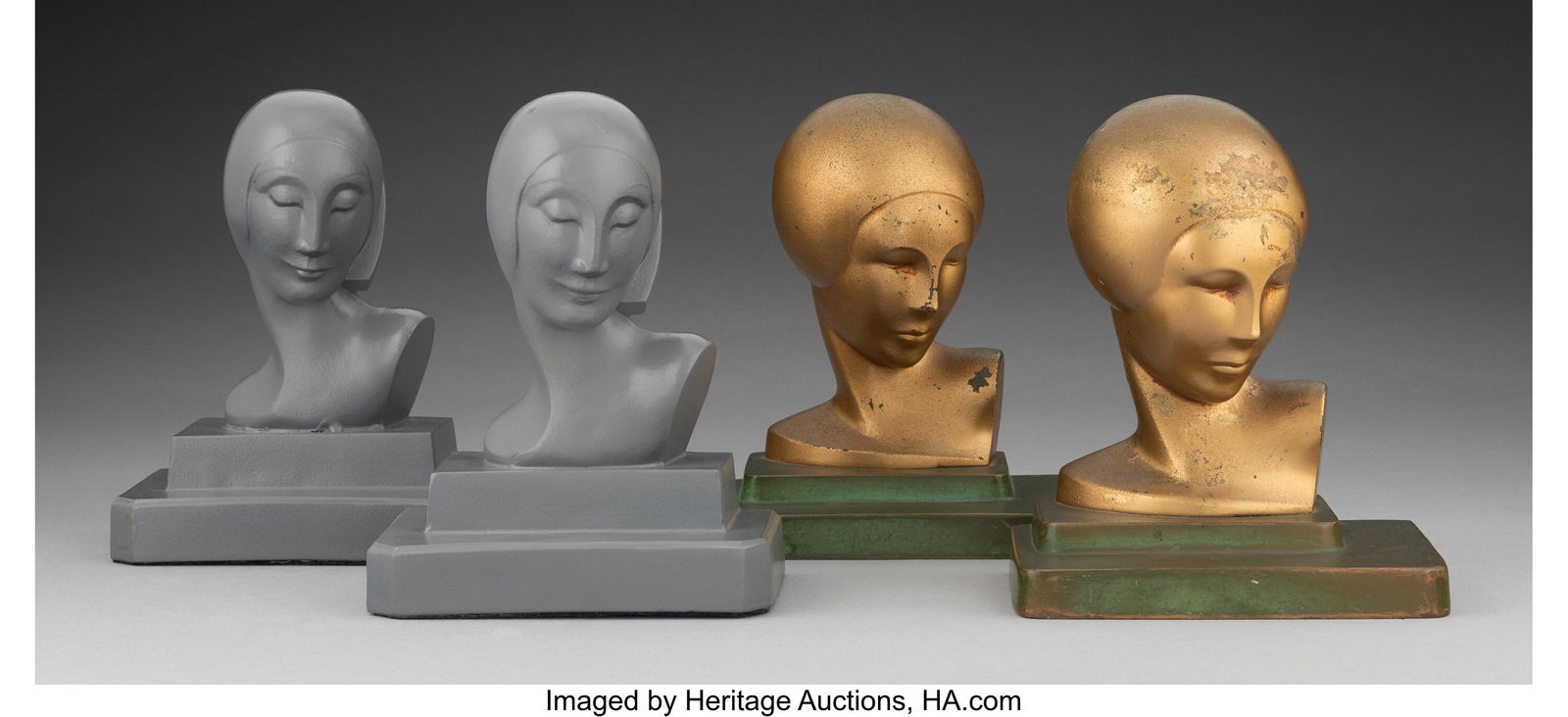 A Collection of Four Frankart, Inc. Bookends, ci: A Collection of Four Frankart, Inc. Bookends, circa 1930 Marks: FRANKART, INC., PAT APPLD FOR 6-1/4 x 4-1/2 x 3-1/4 inches (15.9 x 1